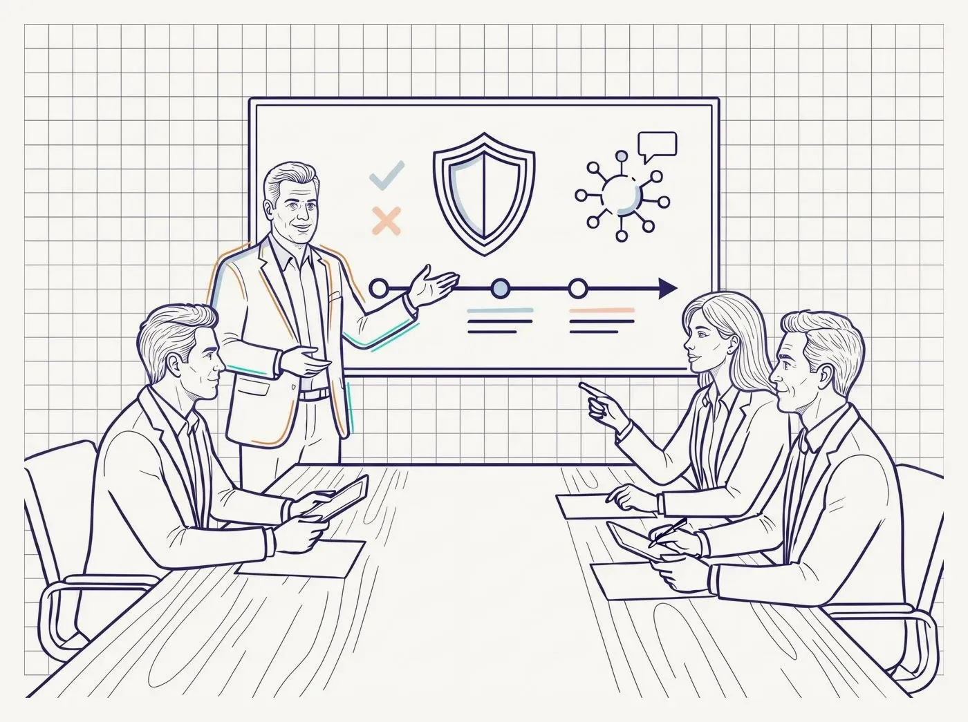 Line-art illustration of an AI shield with guardrails, a lock, and a policy document