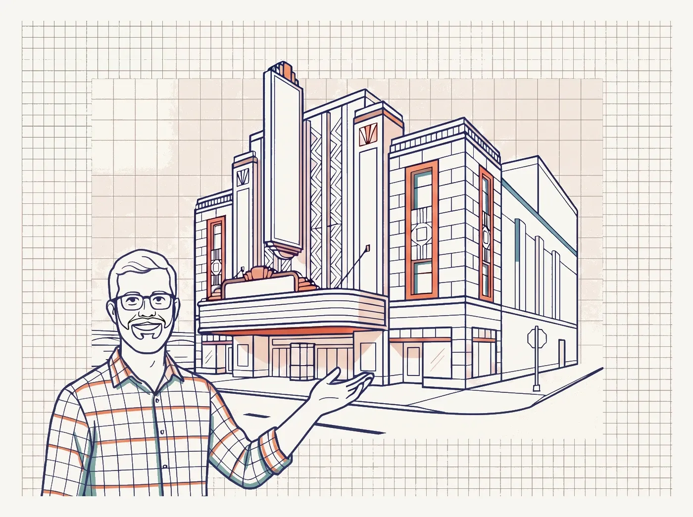 Line-art illustration of an iconic Aurora landmark
