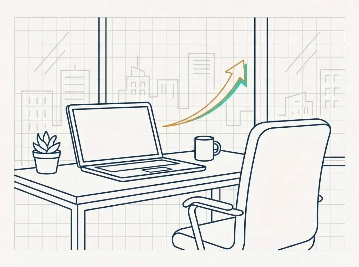 Line illustration of an inviting modern workspace, a place to do meaningful work.