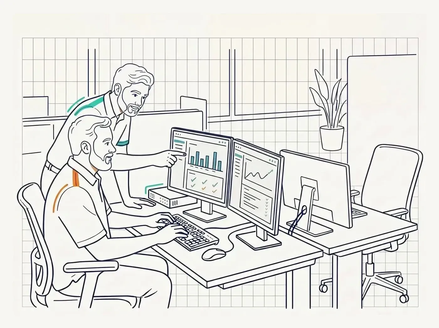 Line-art illustration of a Resolved specialist working alongside a firm's in-house IT person