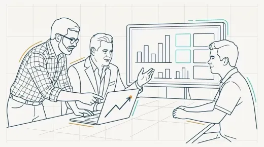 Line-art illustration of the Resolved team collaborating with an AI assistant