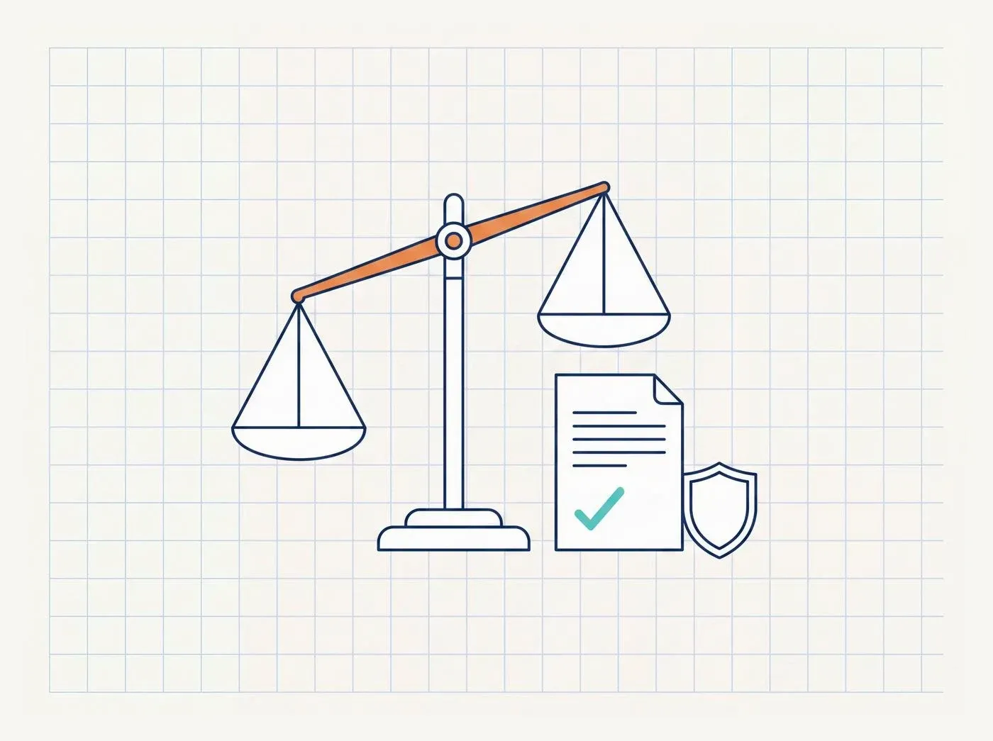 Line-art illustration of compliance documents, policies, a shield, and audit-ready controls