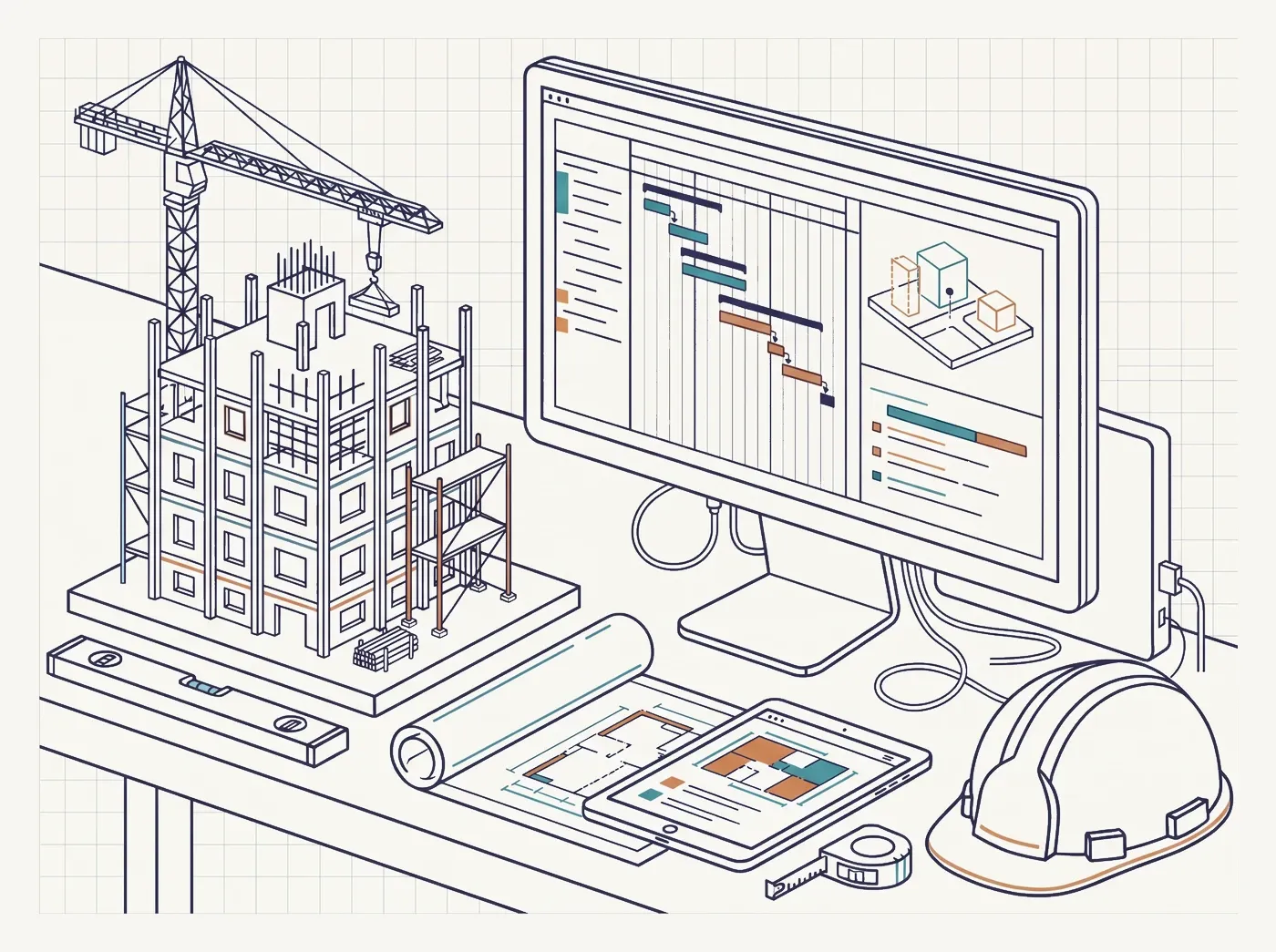 Line-art illustration of construction coordination across office and site with a crane and project schedule