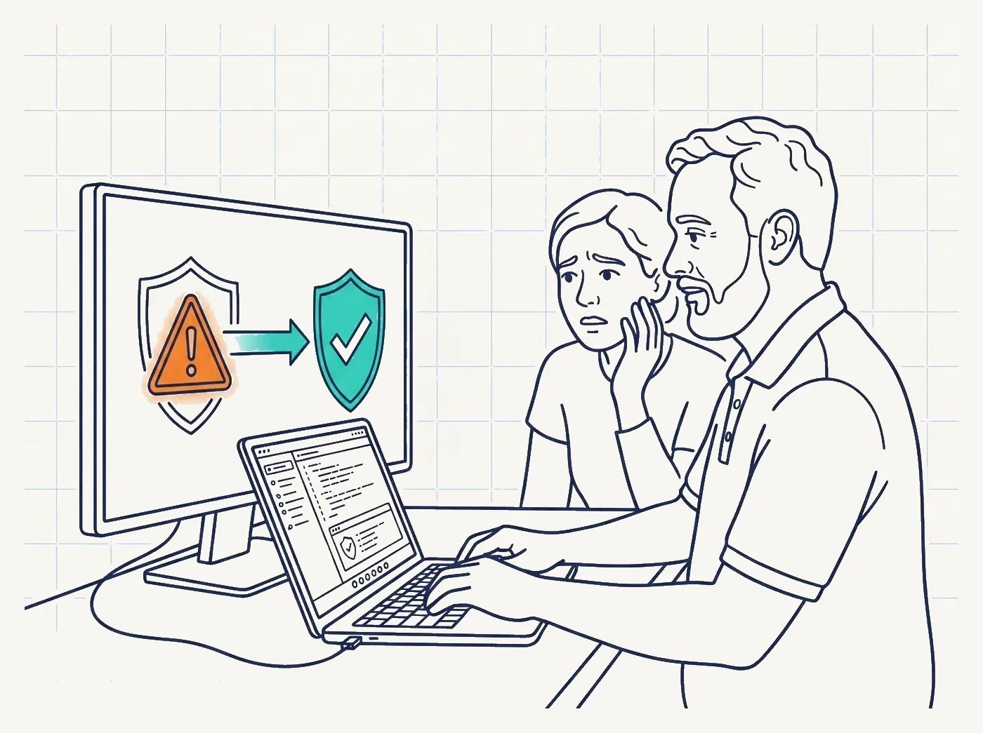 Line-art illustration of a cybersecurity incident being contained and a firm's systems recovered