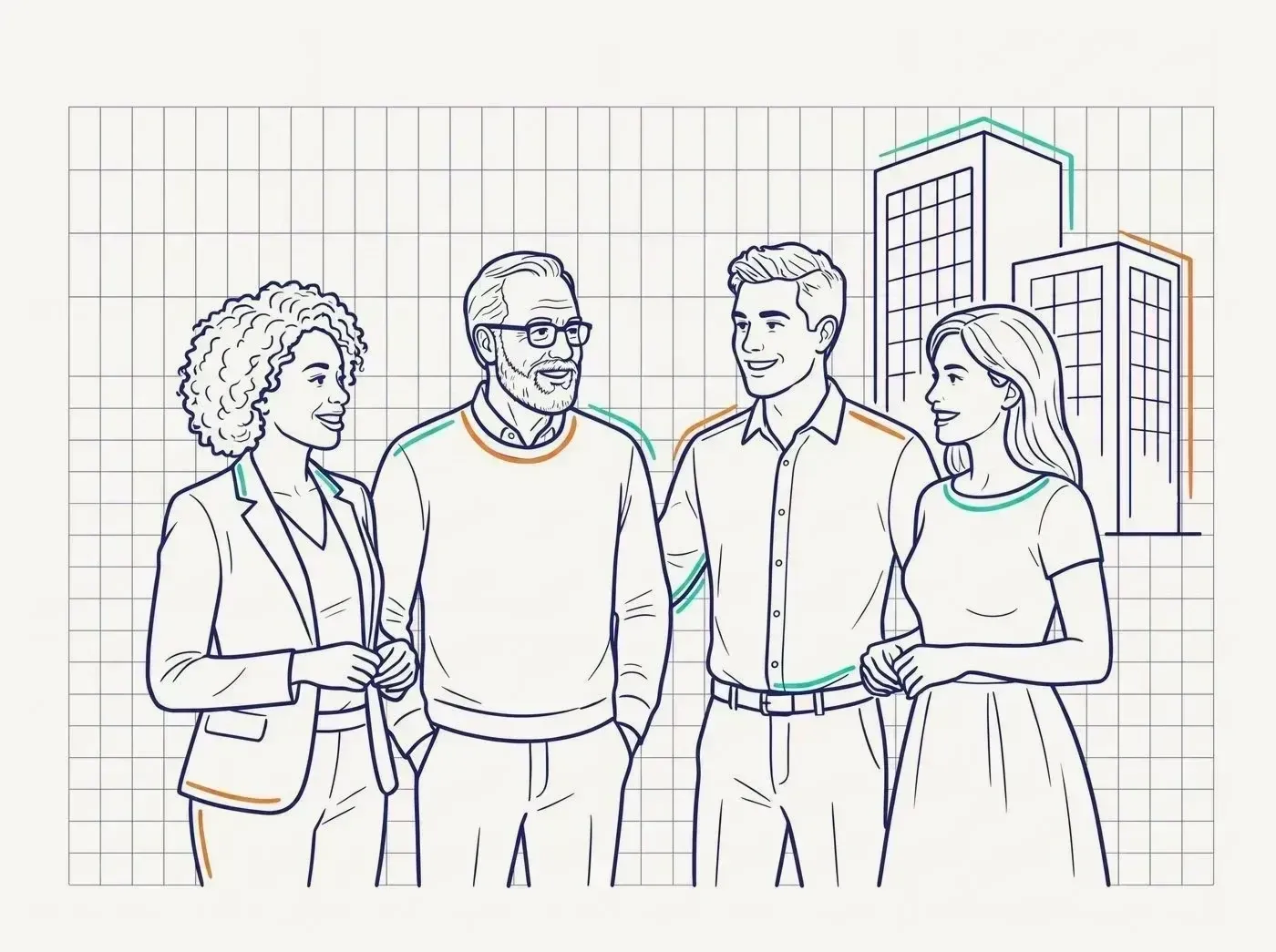Line illustration of a group of architecture and engineering clients in front of their firms, conveying broad client trust.