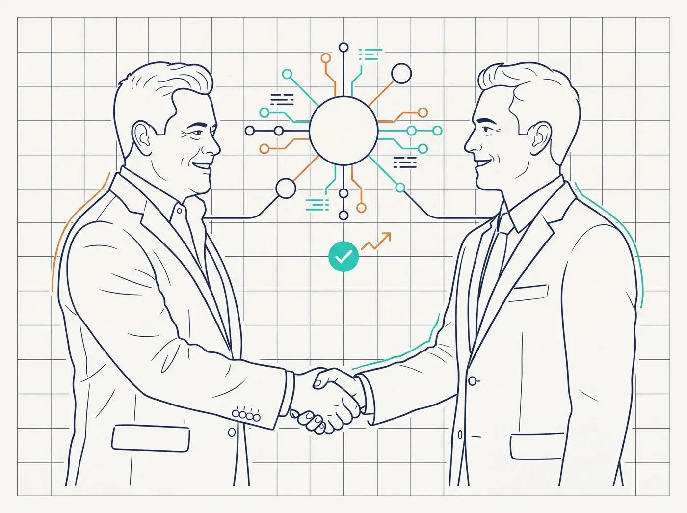 Line-art illustration of two professionals shaking hands over a managed AI partnership
