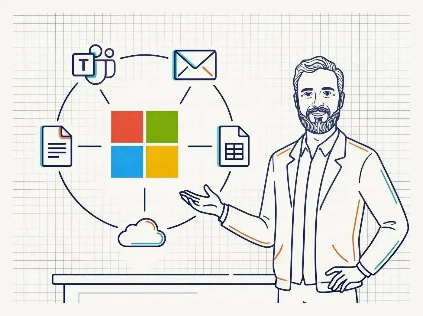 Line-art illustration of Microsoft 365 app icons arranged on a tidy grid framework, representing a tenant organized around a project.
