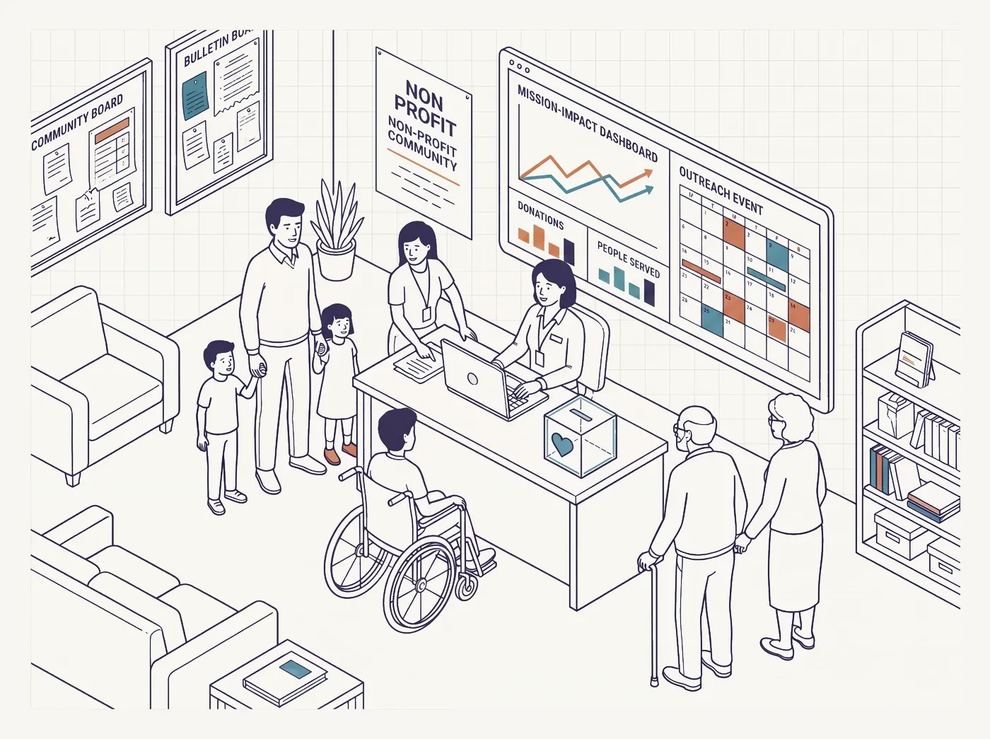 Line-art illustration of an upward growth chart representing a non-profit's mission impact