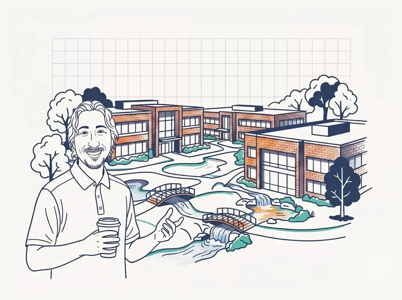 Line-art illustration of an iconic Oak Brook landmark