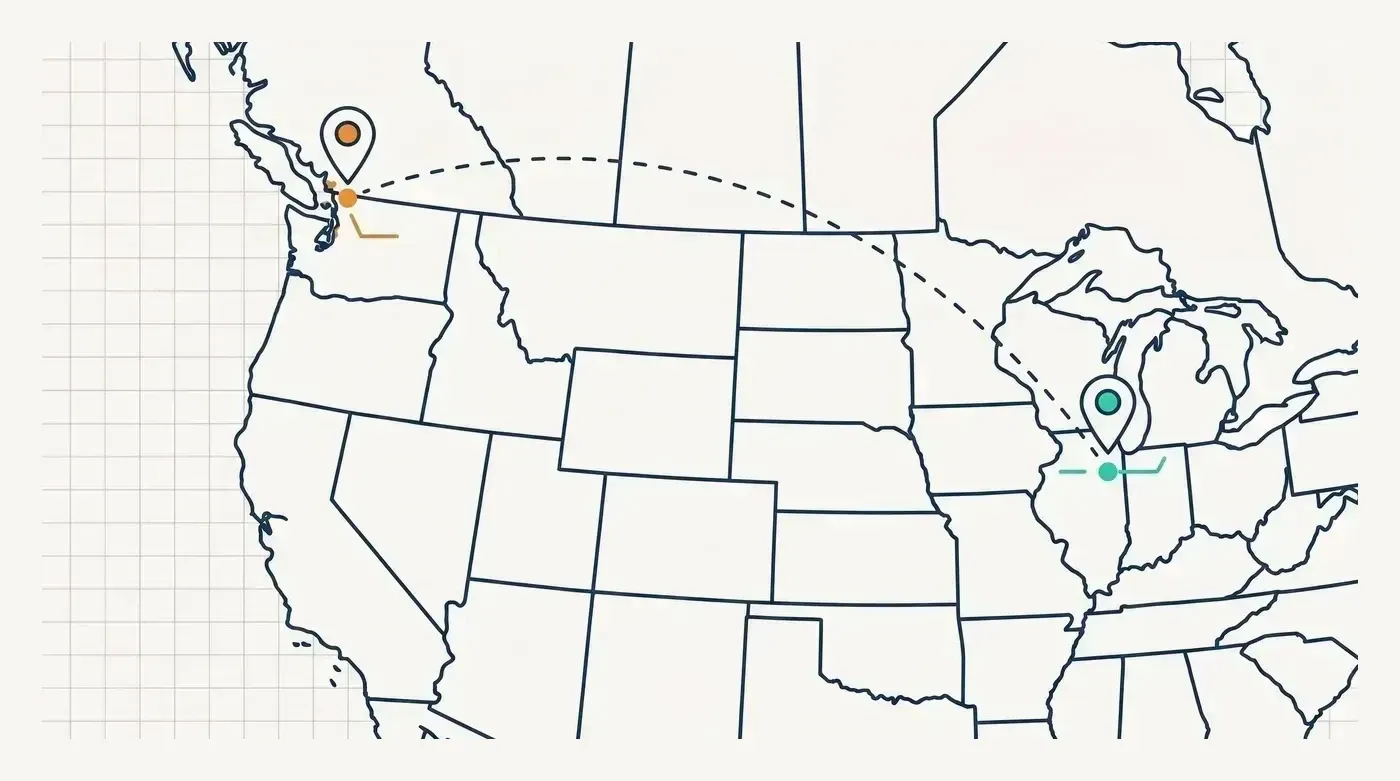 Line illustration of a map marking the Vancouver and Chicago offices joined by an arc.
