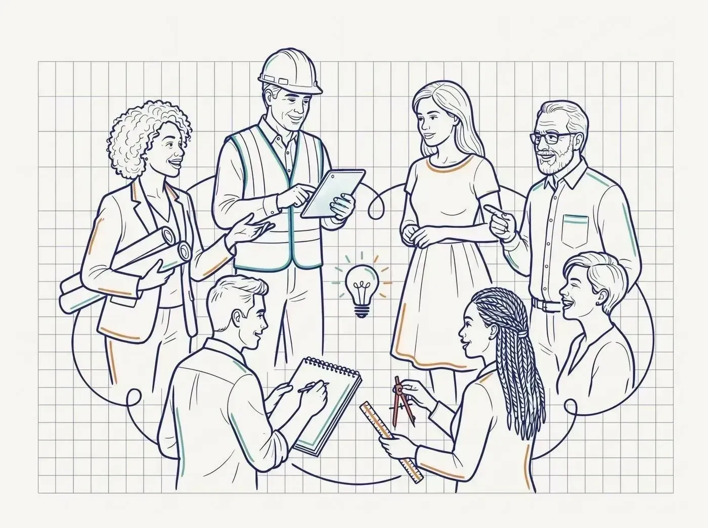 Line illustration of a vendor-free peer community of architecture, engineering, and construction leaders sharing AI knowledge around a central node.