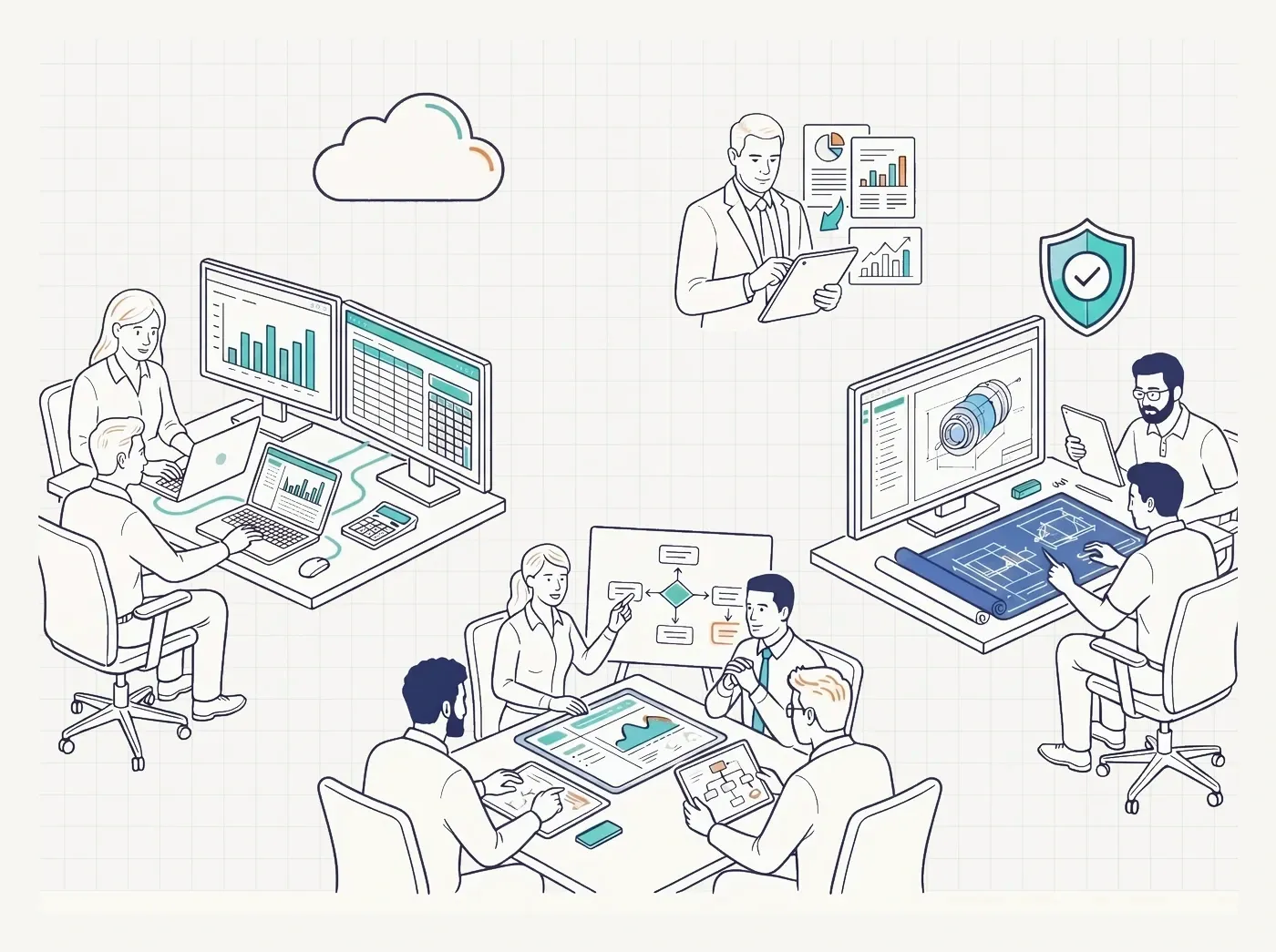 Line-art illustration of diverse professional services teams supported by managed IT and AI