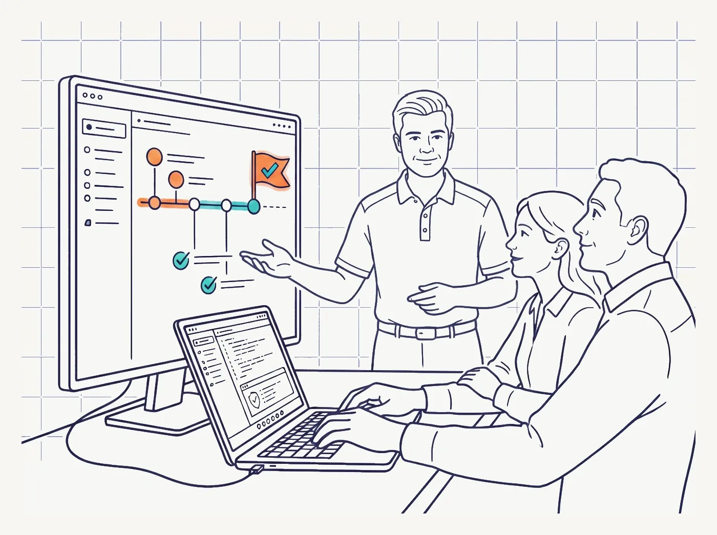 Line-art illustration of a planned IT and AI project being delivered to a firm