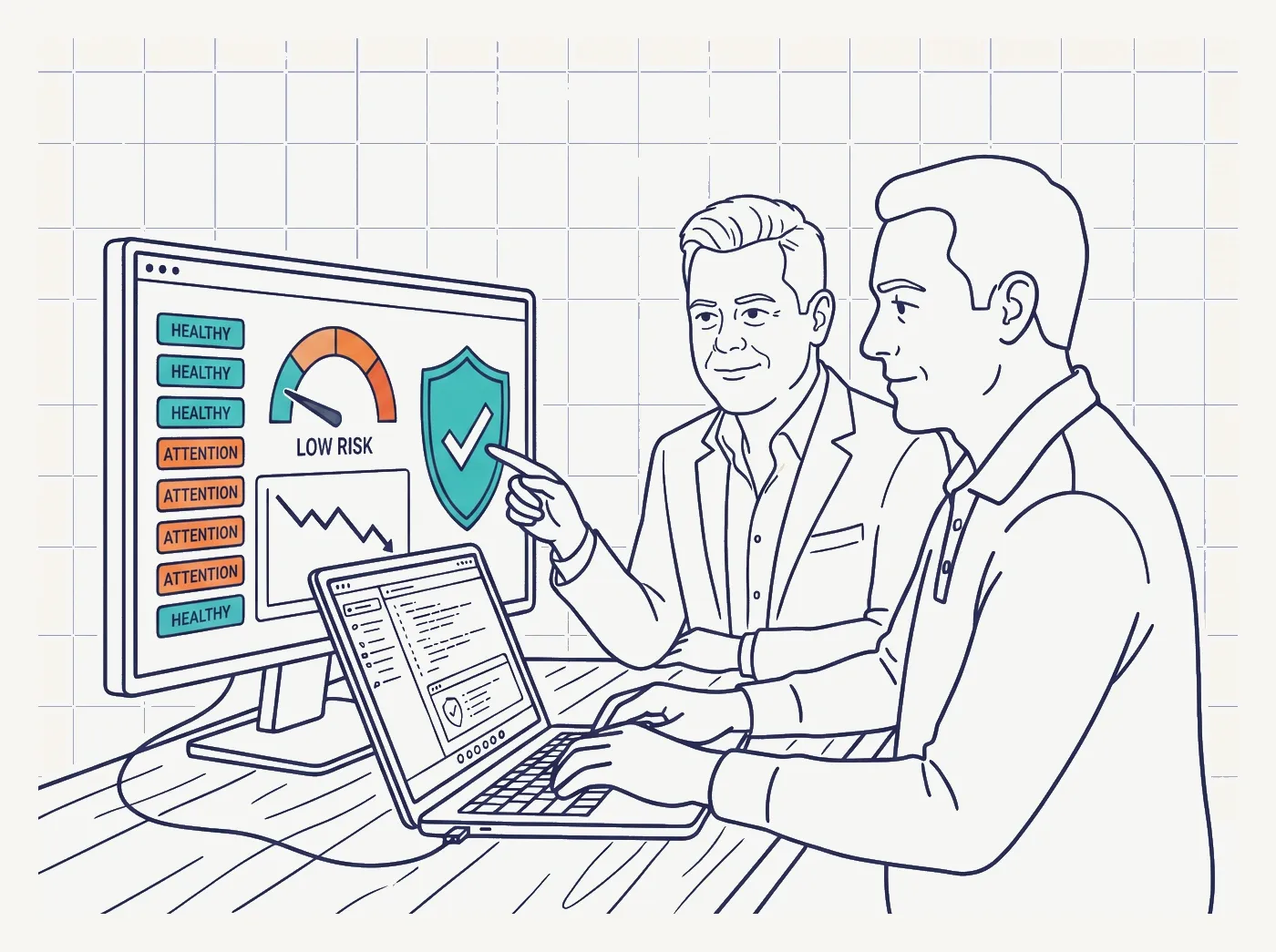 Line-art illustration of a technology-risk dashboard with status indicators, representing risk made visible and managed