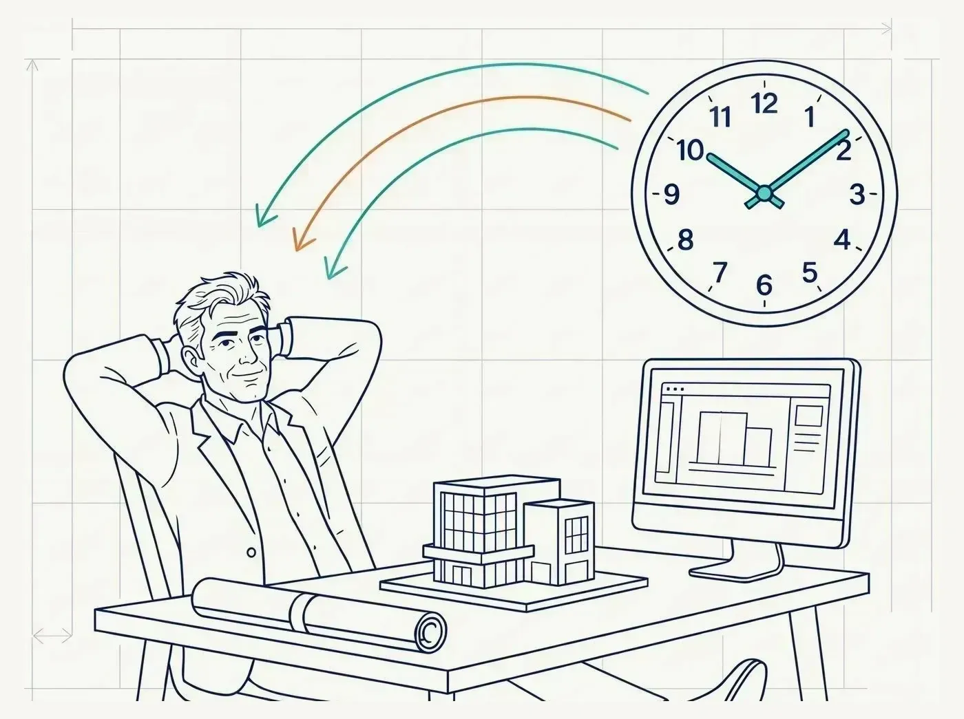 Line-art illustration of a principal architect with hours of time returning while a junior colleague takes over routine drafting.