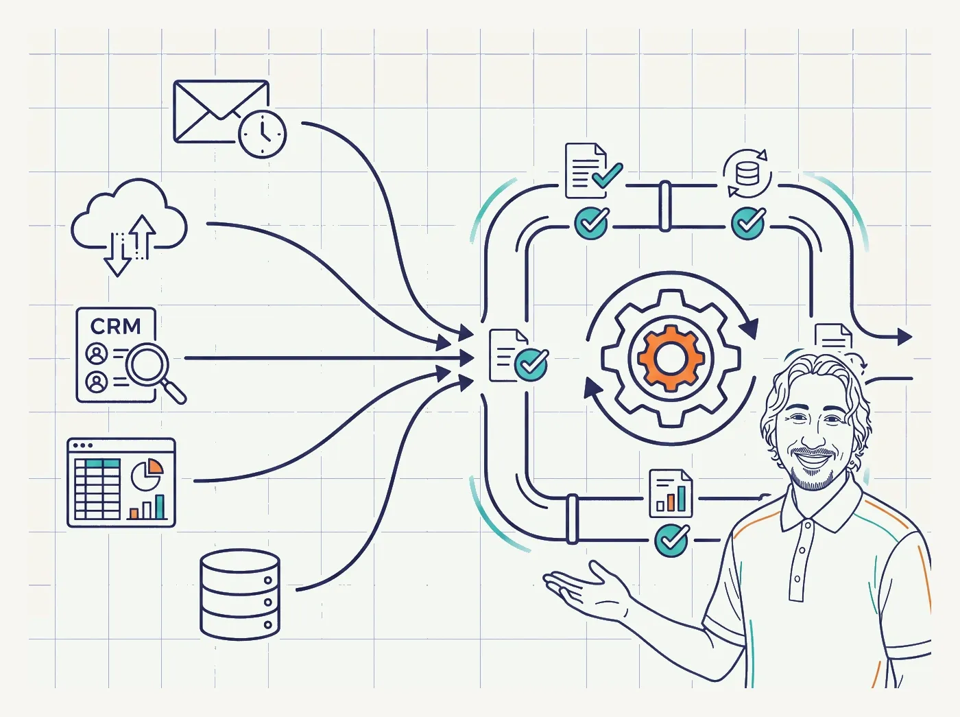 Line-art illustration of a manual task replaced by an automated workflow that saves time