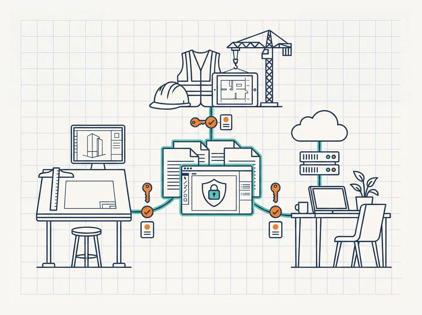 Line-art illustration of a distributed workforce at a studio, a job site, and a home office, each connecting through an identity checkpoint to a central set of project files and design tools