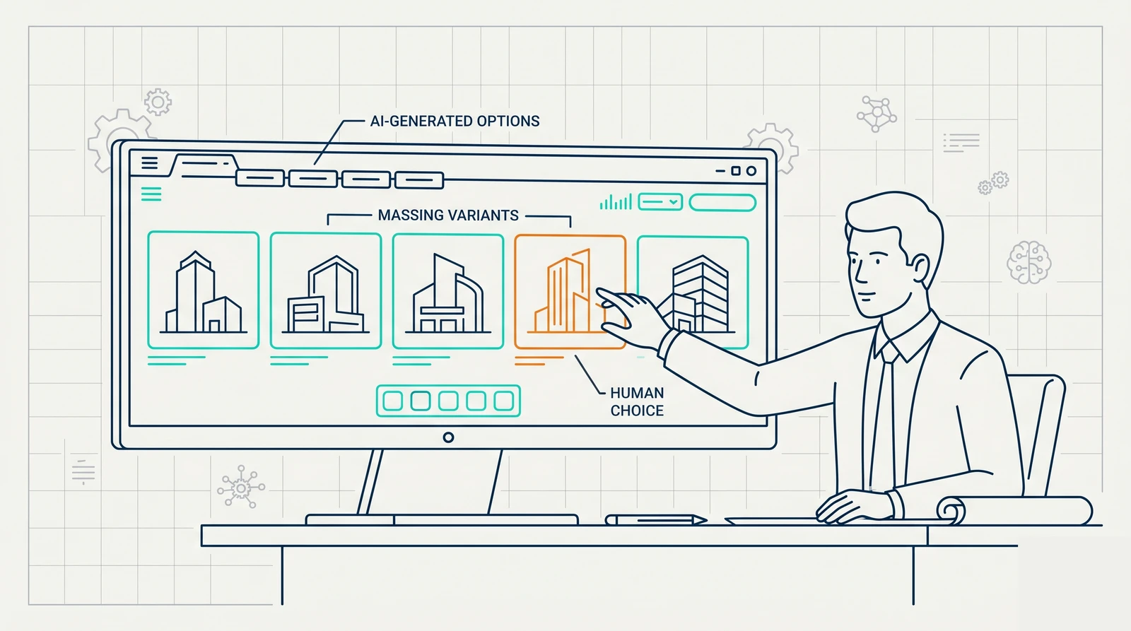 Line-art header: an architect choosing among AI-generated building design options on screen