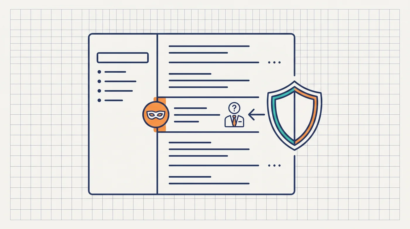 Line-art header: a suspicious impersonation email being intercepted by a security filter
