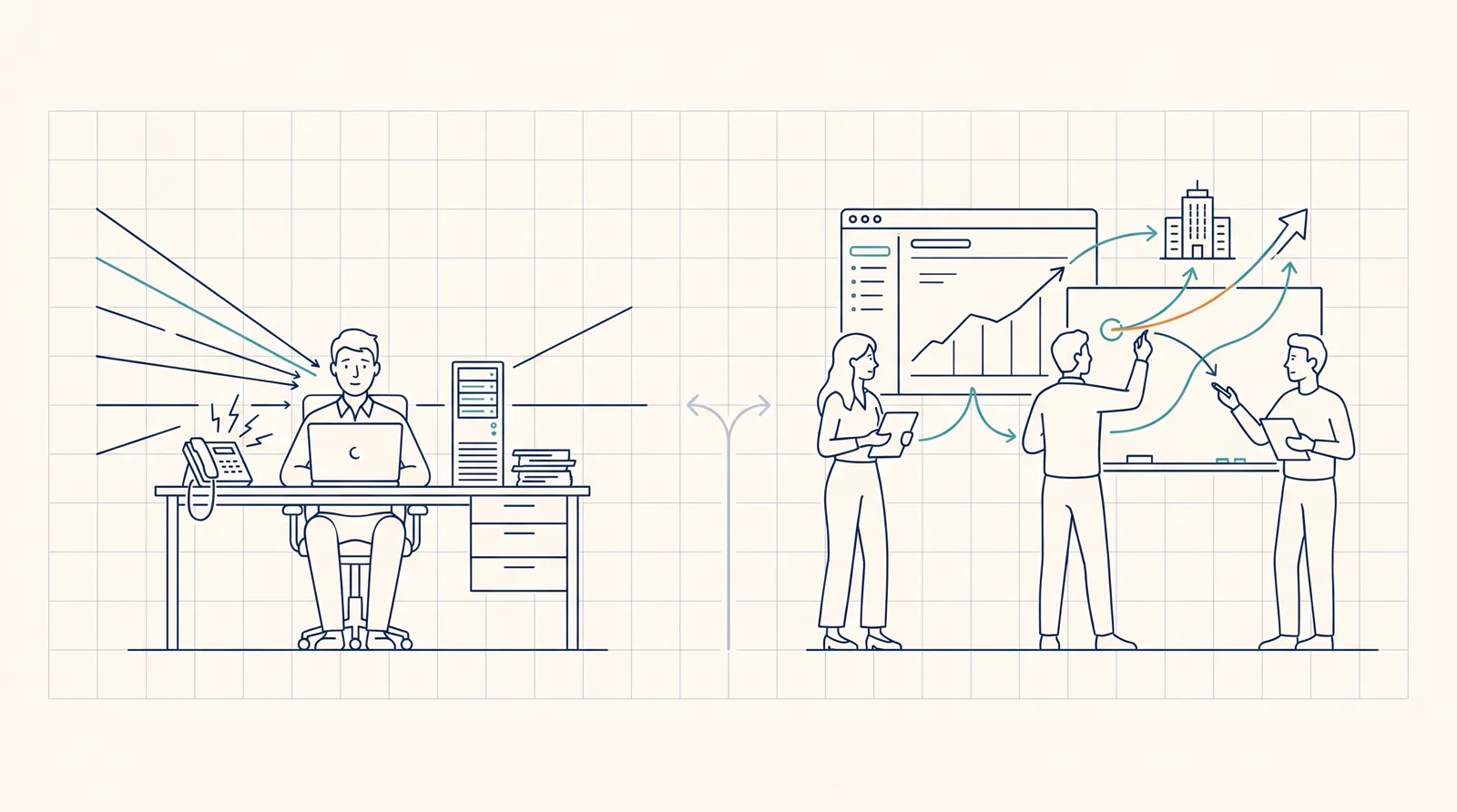 Line-art header: on the left, one overloaded IT person at a desk fielding calls and tickets; on the right, a coordinated team working from a shared dashboard and a rising strategic roadmap