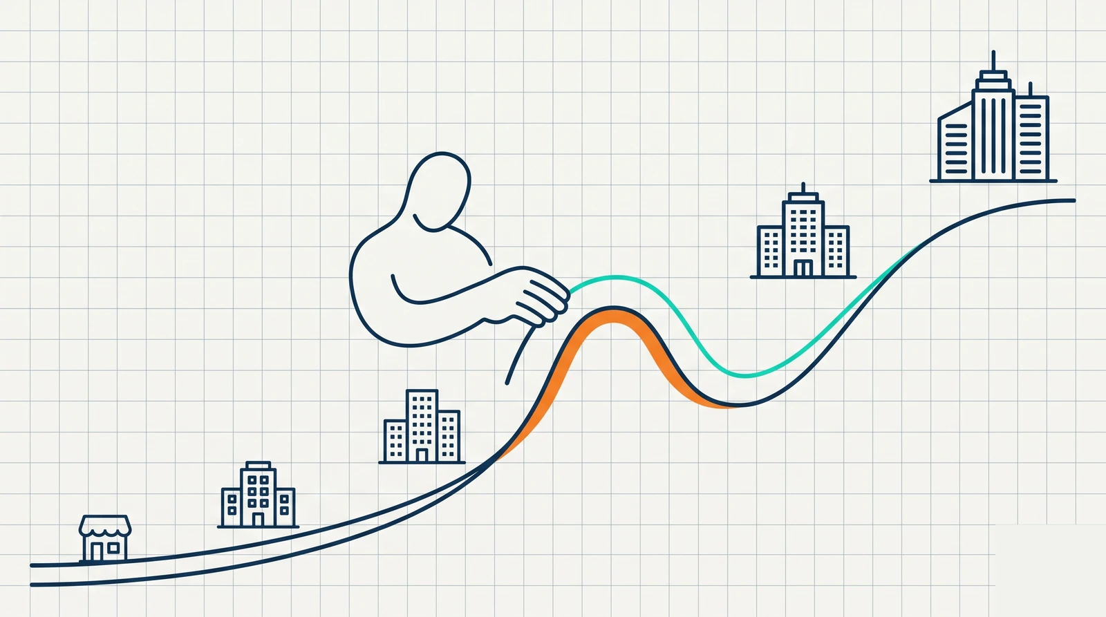 Line-art header: a growth curve with a hump being smoothed by IT support as a firm scales