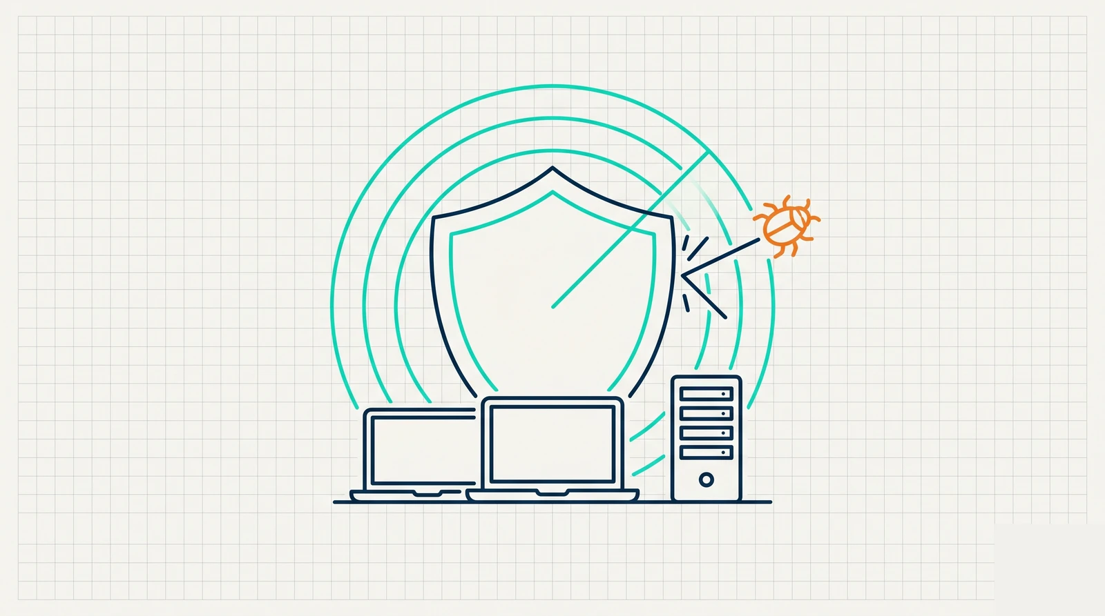Line-art header: endpoint devices protected by a shield and radar sweep blocking an incoming threat