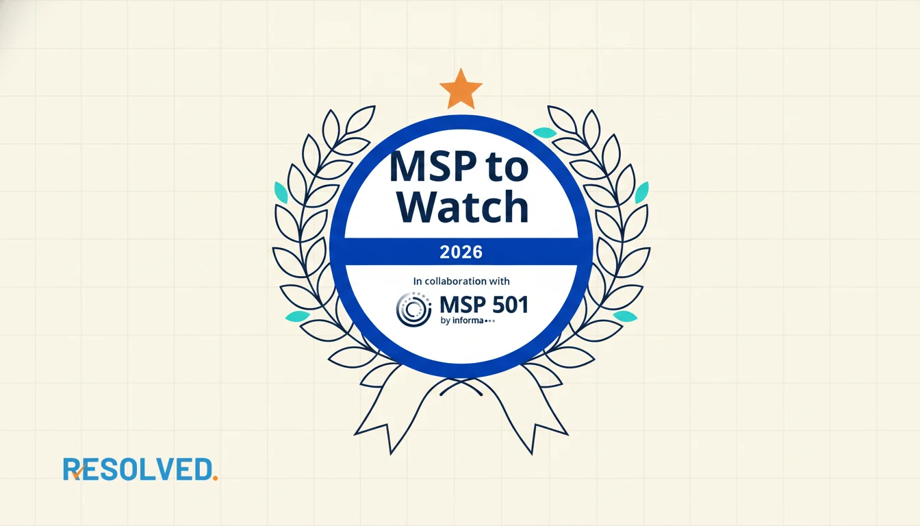 Navy line-art award rosette on a light blueprint-grid background, celebrating Resolved as a 2026 MSP to Watch honoree