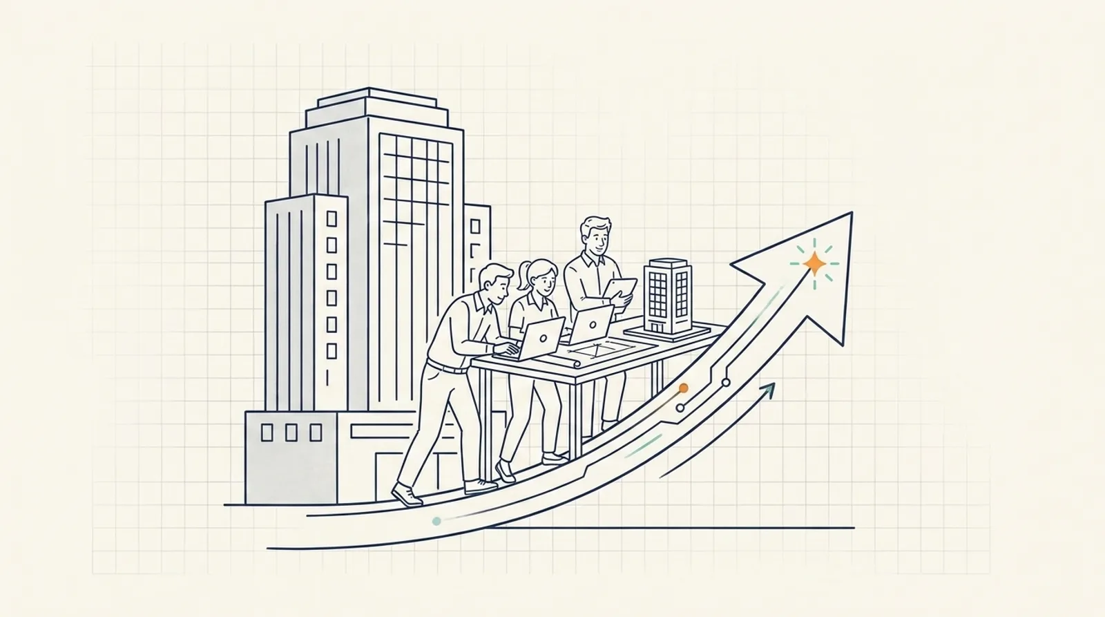 Line-art illustration of a small architecture and engineering team racing up an arrow with AI, overtaking a large, slow firm
